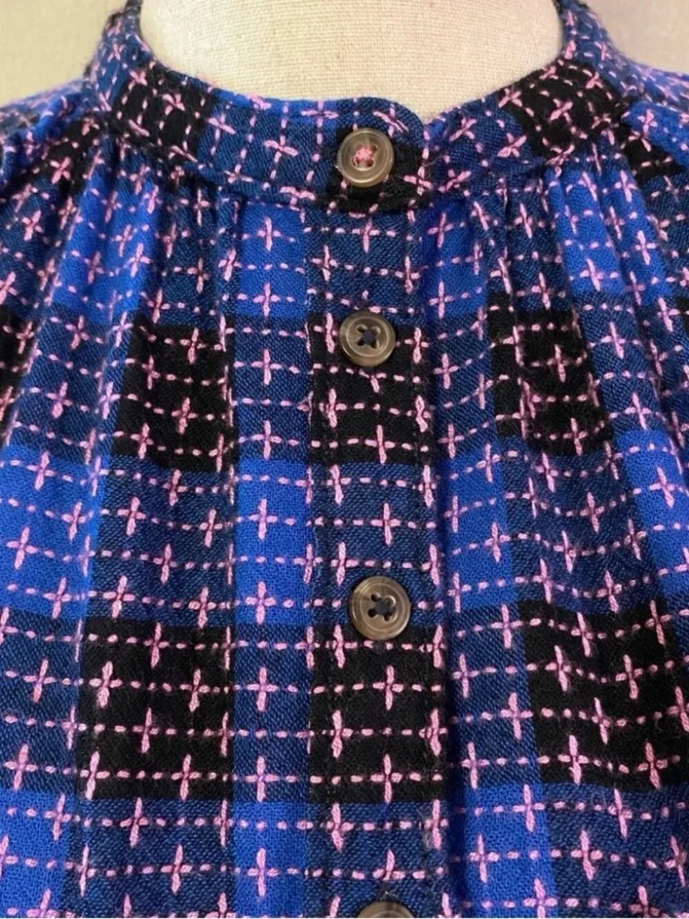 Pilcro Anthropologie blue pink black plaid ruffle button down shirt